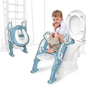 GrowthPic Toddler Potty Training Seat with Step Stool Ladder Foldable Toilet Trainer with Splash Guard for Boys & Girls, Height Adjustable, Fits Standard & Elongated Toilets (Blue)