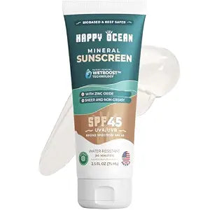 Happy Ocean Reef Safe Mineral Sunscreen SPF 45, Non-Nano Zinc Oxide, 2.5 oz