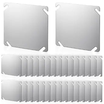 Frienda 30 Pack Metal Electrical Box Cover Plates, 4 Inch Electric Junction Box Covers, Square Flat Blank Outlet Panel, Galvanized Steel, Corrosive Resistant Plate with Angled Mounting Slots