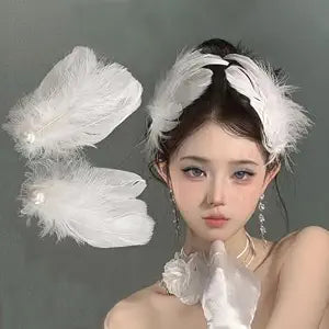 Halloween White Pearl Ostrich Hair Clips, 2 Pieces, White Swan Feather Hair Pins for Women, Girls, Bride, Wedding, Engagement, Birthday, Christmas, Valentine, Stage Performance
