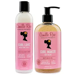 Camille Rose Curly Hair Products Set – Curl Love Moisture Milk Leave-In Conditioner + Curl Maker Defining Gel for All Textures
