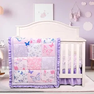 Cloele 3 Pieces Crib Bedding Set for Girls,Purple Butterfly Baby Crib Set
