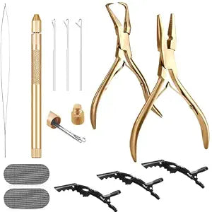 Hair Extension Tools Kit, Stainless Steel Hair Extensions Micro Bead Closer pliers and hair extension beads remover plier set, 4 Hook Needle Pulling Loop Tool Set (Gold)