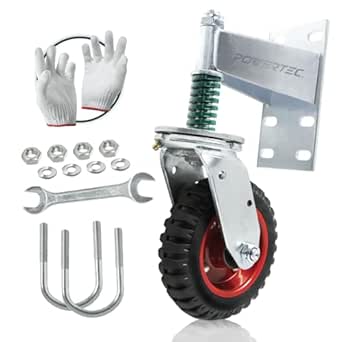 POWERTEC 6 Inch Spring Loaded Gate Wheel, 500lbs Heavy Duty Swivel Caster Wheel for Driveway Wooden, Fence, Metal, Tube, Swing Gate Door, 360 Rotation Castor, Includes Hardwares & Gloves (17221)