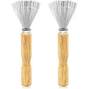 2PCS Mini Hair Brush Cleaner Set with Wooden Handle and Metal Wire Rake – Portable Comb Cleaner