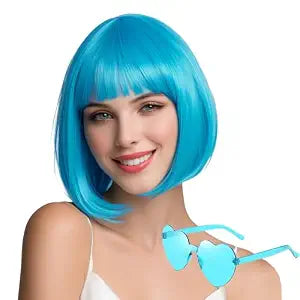 Teal Blue Bob Wig with Bangs 12 Inch Straight Synthetic Cosplay Wig