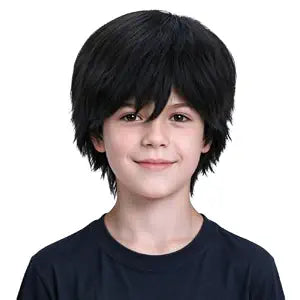 PATTNIUM Short Black Wig for Kids Boys Straight Black Wig Heat Resistant Synthetic Wig with Wig Cap