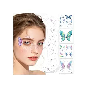 Butterfly Glitter Freckles Face Tattoos & Gems, Fairy Costume Accessories