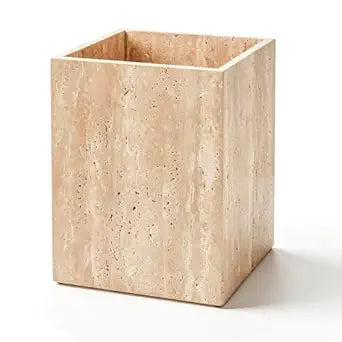 Travertine Trash Can, 1.8 Gallons Natural Marble Wastebasket, Square Decorative Garbage Container, Beautiful Rubbish Bin for Bathroom, Bedroom, Kitchen, Home Office, Under Counter Beige (WH100)