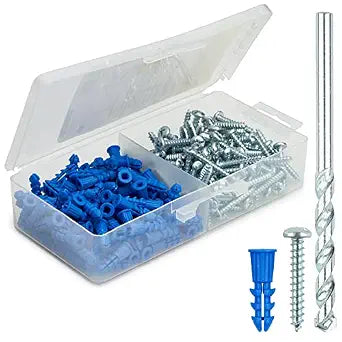 Qualihome Drywall Anchors and Screws Kit with Drill Bit 100 Anchors & 100 Screws for Drywall, Plastic Wall Anchors for Picture Frames, Shelves, Mirrors, Ribbed Design (10-12 x 1)