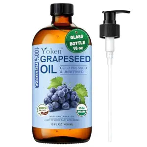 Yoken Organic Grapeseed Oil 16 oz Glass Bottle, Cold Pressed Carrier Oil