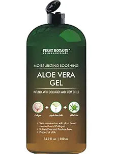First Botany, Pure Aloe vera gel 100% Fresh Pure Aloe Infused with Stem Cells, Collagen Tea Tree Oil Natural Raw Moisturizer for Face Skin Body Hair Perfect for Sunburn, Acne, Razor Bumps 16.9 fl oz