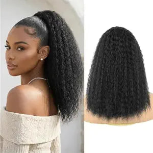 Kinky Straight Drawstring Ponytail Extension for Black Women 16inch Nautral Black Wavy Yaki Straight Ponytail Synthetic Fake Pony Tail for Daily Use(1B)