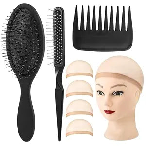 auroray 3Pcs Wig Brush Comb Set with 4Pcs Wig Caps, Professional Hair Extension Loop Brush 3 Row Wire Brush Wide-Tooth Comb for Human and Synthetic Hair