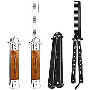Chengu 2 Pcs Wood Grain Switchblade Comb, Black Folding Butterfly Comb