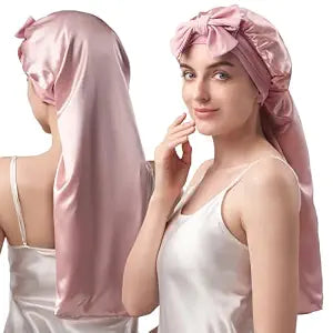 YFONG Double-Layered 100% Pure Mulberry Silk Bonnet for Long Hair, 22 Momme Silk Hair Bonnet for Sleeping with Elastic Tie Band, Real Silk Sleep Cap for Women Long Curly Braid, Pink