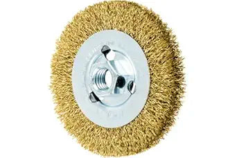 PFERD Crimped Wheel Brush - Brass Wire, 4" Diameter, 5/8-11 Thread, 0.012 Wire Size, 11/16" Trim Length, 1/2" Face Width, 12500 RPM - Ideal for Surface Preparation and Finishing - Part 82367