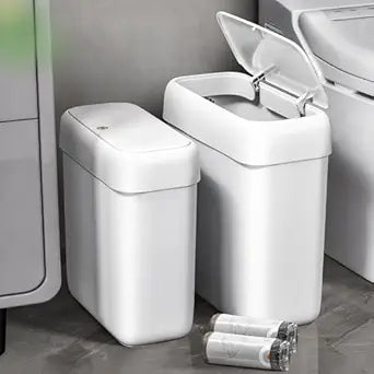 funest 2 Pack Bathroom Trash Can with Pop-Up Lid,3 Gallon & 2.7 Gallon Small Spaces Plastic Garbage Can,Slim Wastebasket for Bathroom, RV, Office, White