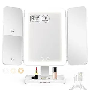 EASEHOLD Rechargeable Trifold Vanity Mirror with Lights, 64 Eye-Friendly LED Lights, 3 Color Lights & Stepless Dimmable, 1X/2X/3X Magnification Lighted Makeup Mirror for Travel Desk Home Use
