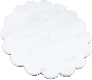 Newtay 12 Inches Marble Cutting Board Round Marble Tray White Scalloped Board with Non Slip Decorative Pastry Tray for Kitchen Pizza Cake Bread Baking Cheese Display