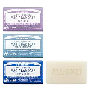 Dr. Bronner's Pure-Castile Magic Bar Soap- Made with Regenerative Organic Certified Oils- For Face, Body, Hair, Vegan Soap Bars for Men & Women- Variety 3-Pack, Peppermint Lavender, Unscented