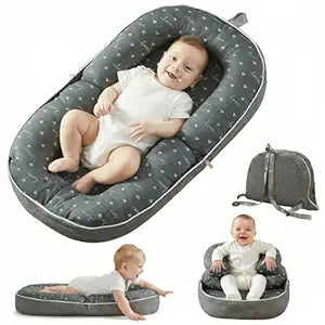 Portable Baby Lounger for Newborn 0-12 Months, Foldable Backpack for Travel, Adjustable Cushion, Soft Breathable Machine Washable Cover, Supervised Awake Time Use Only (Gray)