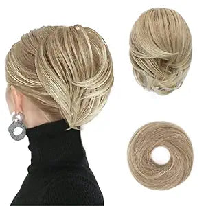 BARSDAR Straight Hair Bun Extensions - Short Straight Ponytail Blonde Hair Bun Extensions for Women, Synthetic Elastic Messy Bun Scrunchies Hairpieces Daily - Light Ash Blonde Mix
