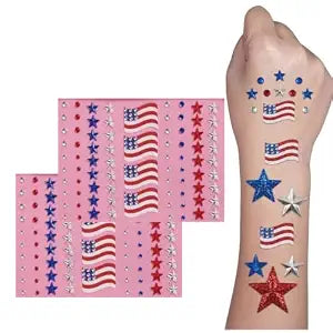 4th of July Patriotic Rhinestone Face Tattoos, 2 Sheets American Flag Star Body Gems Stickers for Women Kids, Memorial Day Independence Day Party Favors