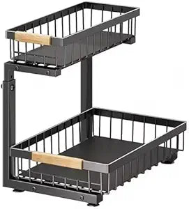 Lumela Under Sink Organizer, 2-Tier Slide-Out Cabinet Organizer Shelf, Height Adjustable Metal Pull-Out Storage Rack with Wood Handle for Kitchen & Bathroom Cabinets (Black)