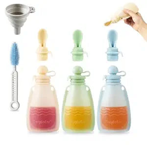PandaEar 3 Pack Silicone Baby Food Pouches, Reusable Squeeze Pouches for Toddler with 3 Silicone Puree Feeder Spoon, BPA-Free Silicone Refillable Infant Food Storage, 5 oz (Beige&Blue&Green)