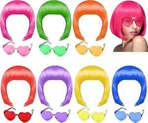 PLULON 14 Pcs Colorful Bob Wigs with Heart Glasses Neon Colored Party Wig