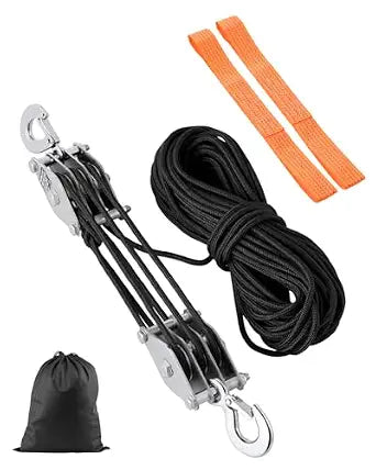 VEVOR 4400 lbs Breaking Strength 100 FT Rope Pulley Hoist, 5:1 Lifting Power Heavy Duty Pulley System with 2pcs Soft Loops, Metal Wheels Bearing Structure, Block and Tackle for Lifting Heavy Objects