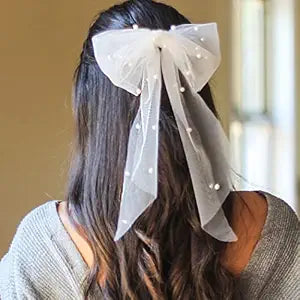 JEAIRTS White Tulle Hair Bow with Pearls Bridal Wedding Veil for Women