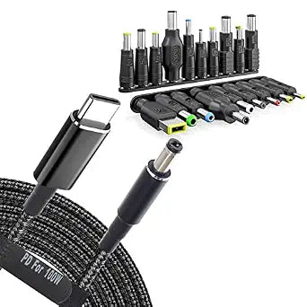 USB C to DC Adapters 19 Set Power Plug Kit - Universal Charger Supply Cable Braided PD Cord & 5.5x2.1mm Round Barrel Jack for MSI Acer Asus Thinkpad IBM Lenovo Dell HP Laptop Charging Connector Tips