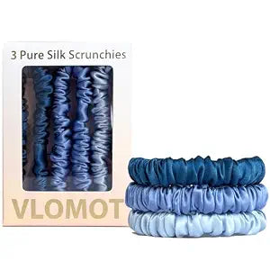 VLOMOT 3 Pcs Set 100% Pure Mulberry Silk Hair Scrunchies (Blue)