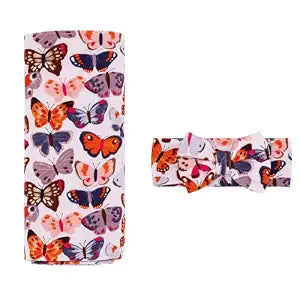 Little Sleepies Swaddle & Headband Bow Set, Viscose from Bamboo Baby Swaddles, Newborn Baby Girl Clothes (Butterfly Kisses)