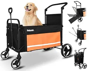 Petbobi Dog Wagon Stroller for Large & Medium Dogs, 2-in-1 Push Pull Pet Cart with Ramp, Foldable Wagon, 360 Swivel Wheels, Adjustable Handles, Safety Leashes, Orange