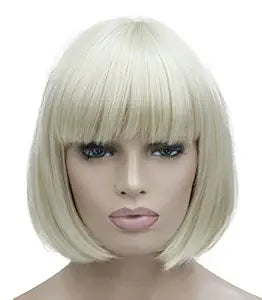 Lydell 8" Straight Short Bob Hair Flat Bangs Cute Central Dot Skin Top Heat Resistant Synthetic Wigs (614 Pale Blonde)