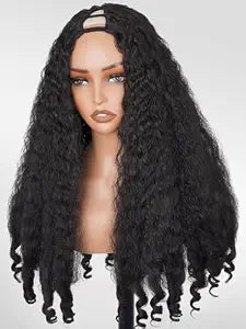 Afro Wig V Part Kinky Curly Wigs for Black Women, 180% Density Wear and Go Glueless Wig with Unique Bouncy Curls in the End, Synthetic No Leave out Clip in (#1B Black wig, 24 Inch)
