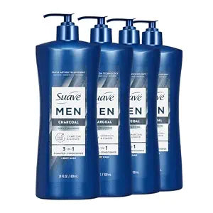 suave+ Men Deep Cleansing 3 in 1 Shampoo, Conditioner & Body Wash with Charcoal Powder, Detoxifies & Cleanses Hair & Skin, Removes Oil & Impurities, 4 Count, 28 FL OZ Pump