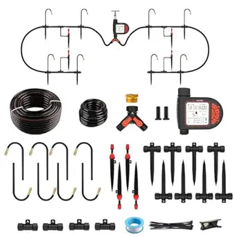 A ANLEOLIFE 82.4FT Automatic Drip Irrigation Kit with Water Timer, 8 Programs & LCD, Quick-Connect System, 1/2" Mainline + 1/4" Tubing, 360 Bendable Nozzles for Raised Beds, Garden & Greenhouse