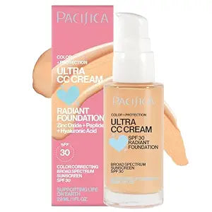 Pacifica Ultra CC Cream Radiant Foundation SPF 17 (Natural Medium) – Medium-Coverage Tinted Moisturizer + Mineral Sunscreen, Dewy Finish, 1 fl oz