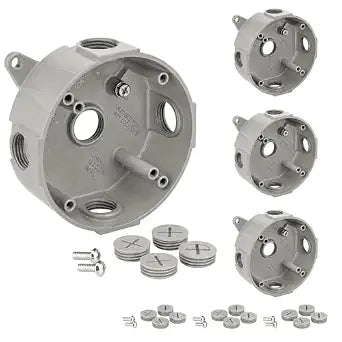 OHLECTRIC Outdoor Junction Box, Metal Electrical Box (4-Pack - Round - 5 Hole) Exterior Outlet Box, 5 x 1/2" Holes 1-Gang Die-Cast Wet Rated, Plugs & Ground Screw Electrical Outlet Box, Weatherproof