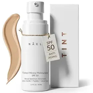 NAELI Anti Aging Tinted Moisturizer SPF 50, Mineral Sunscreen for Face with Zinc Oxide, Peptides & Ceramides, Natural Hydrating Universal Tint - 1.4 oz