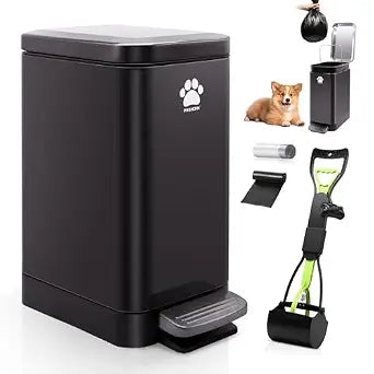 Dog Poop Trash Can Outside with Poop Scooper for Dogs, 12L/3.2Gal Metal Outdoor Garbage Can with Lid Suitable for Small, Medium and Large Dogs (Tungsten Steel)