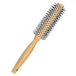 Round Curling Comb with Original Wooden Handle Made of Pure Beech Wood,Gentle Nylon Bristles,For All Hair Styles,Natural and Gentle Hair Brush (Yellow)