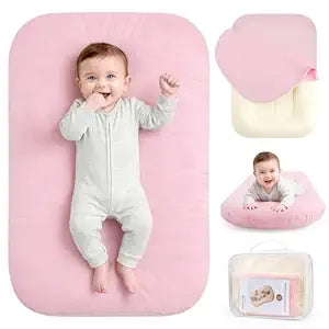 Infant Support Cushion, Baby Lounger 0-24 Months Portable Tummy Time Mat & Rest Pod, Soft Cotton, Waterproof, Machine Washable, Safe for Supervised Play, Back Support (Pink)