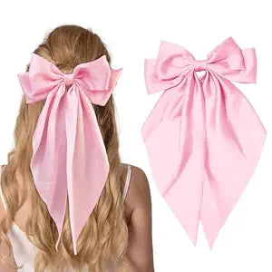 Silky Satin Hair Bows for Women Big Pink Bow Hair Clips for Girls Large Hair Barrettes Cute with Long Tails Party Hair Accessories for Thick & Thin Hair(pink)