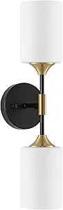 BYOLIIMA Industrial Mid Century Wall Sconce 2-Lights with White Cylinder Glass Shades Modern Bathroom Vanity Wall Lamp Matte Black and Gold Brushed Brass Finished Wall Light Fixture