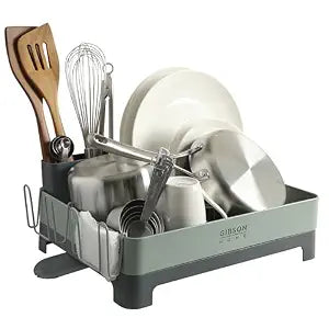 Gibson Home Nestcraft Full Size Rust Resistant Dish Rack with Drain Board and Flatware Caddy - Green